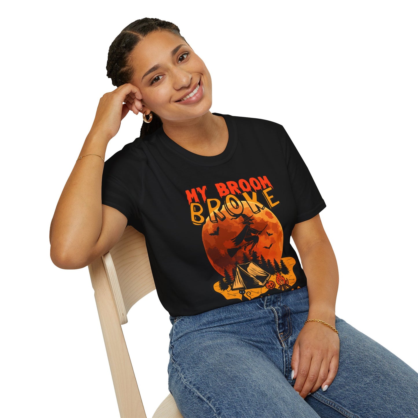 My Broom Broke So Now I Go Camping T-Shirt β Funny Witch Halloween Shirt β Spooky Camping Graphic Tee