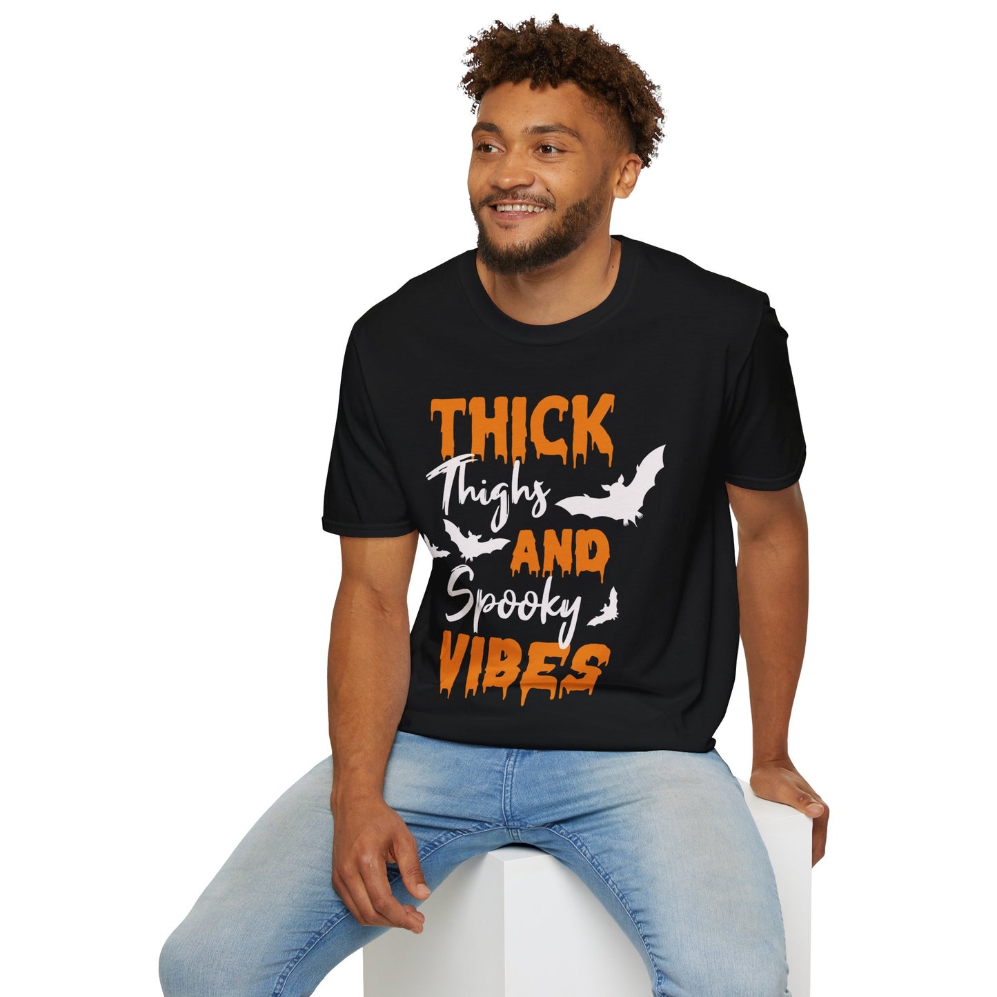 Thick Thighs And Spooky Vibes T-Shirt – Funny Halloween Graphic Tee – Spooky Holiday Shirt