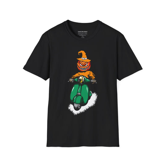 Pumpkin Riding Motorbike T-Shirt – Funny Halloween Graphic Tee – Spooky Motorcycle Pumpkin Shirt