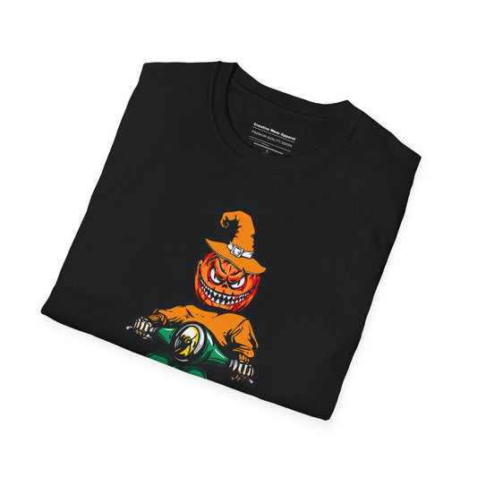 Pumpkin Riding Motorbike T-Shirt – Funny Halloween Graphic Tee – Spooky Motorcycle Pumpkin Shirt