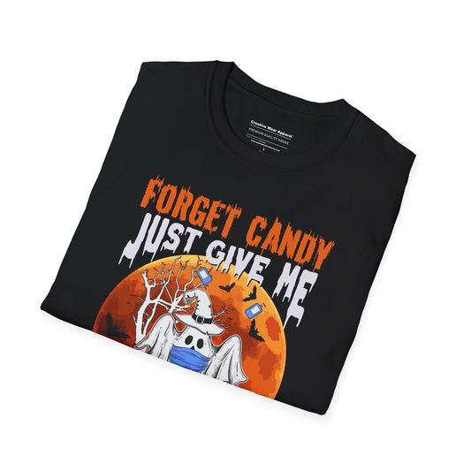 Forget Candy Just Give Me Mask And Sanitizer T-Shirt – Funny Halloween Graphic Tee – Spooky Holiday Shirt