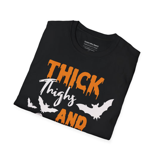 Thick Thighs and Spooky Vibes Shirt – Funny Halloween Graphic Tee – Curvy Spooky Babe T-Shirt