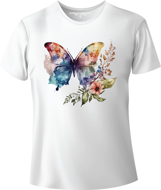 Butterfly Floral Watercolor T-Shirt Design for Men or Women, 100% Cotton, Unisex T-Shirt, D-001