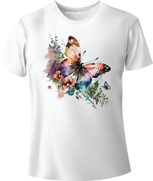 Butterfly Floral Watercolor T-Shirt Design for Men or Women, 100% Cotton, Unisex T-Shirt, D-003