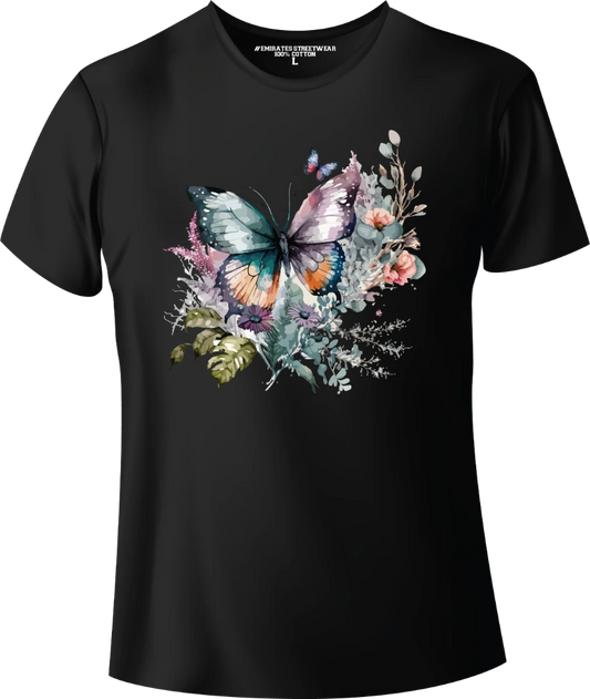 Butterfly Floral Watercolor T-Shirt Design for Men or Women, 100% Cotton, Unisex T-Shirt, D-009
