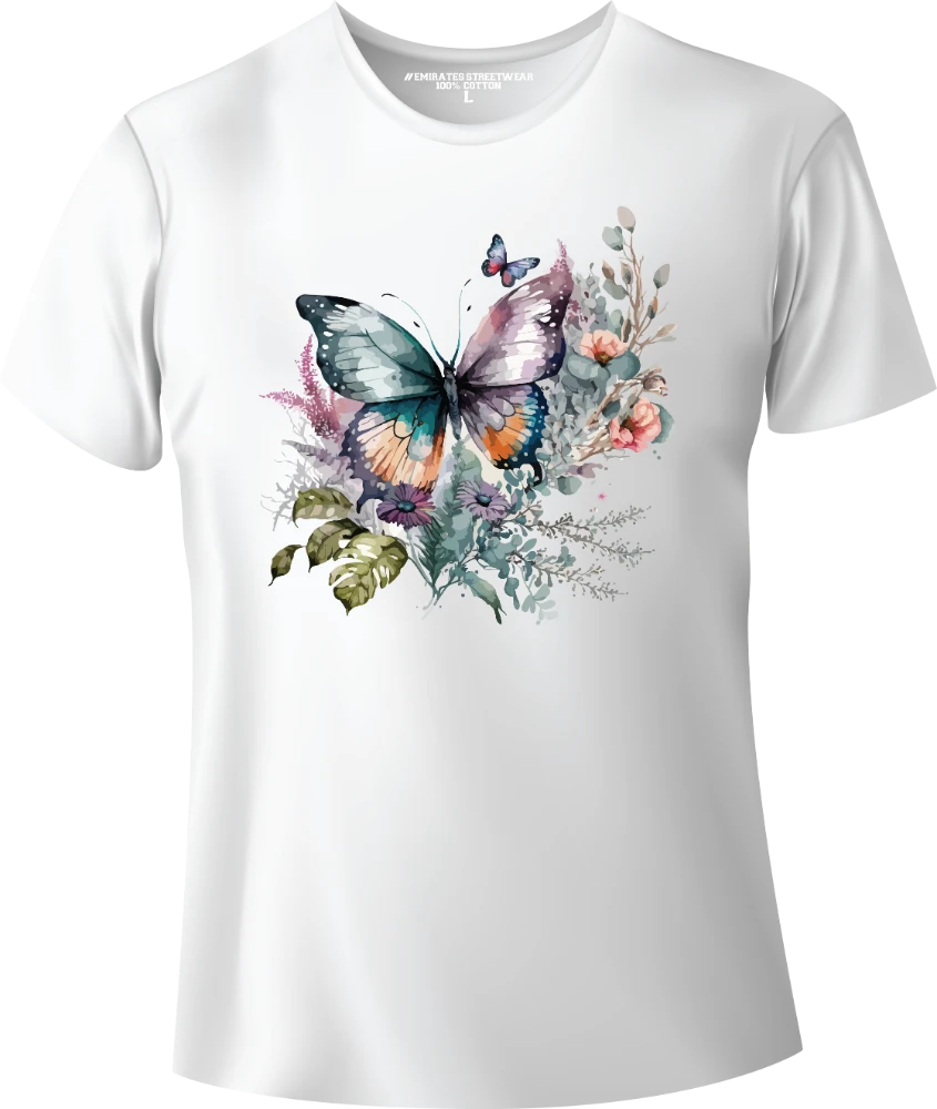 Butterfly Floral Watercolor T-Shirt Design for Men or Women, 100% Cotton, Unisex T-Shirt, D-009