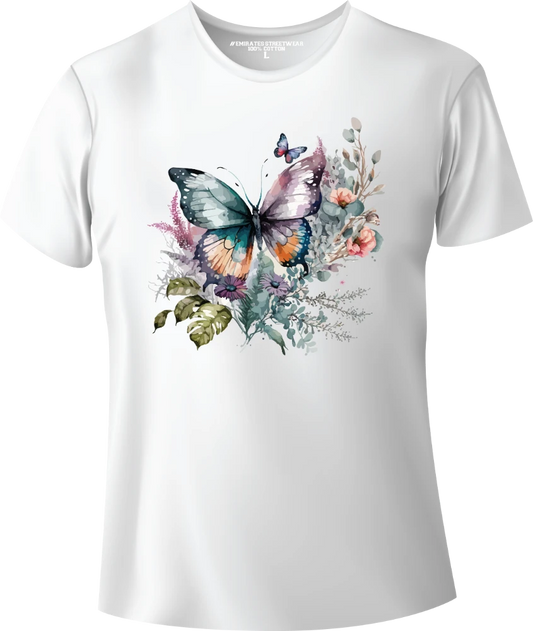 Butterfly Floral Watercolor T-Shirt Design for Men or Women, 100% Cotton, Unisex T-Shirt, D-009