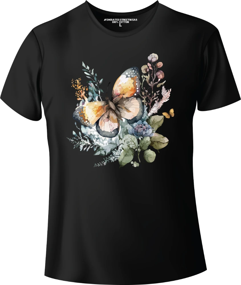 Butterfly Floral Watercolor T-Shirt Design for Men or Women, 100% Cotton, Unisex T-Shirt, D-011
