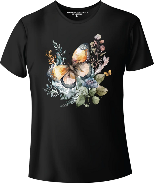 Butterfly Floral Watercolor T-Shirt Design for Men or Women, 100% Cotton, Unisex T-Shirt, D-011