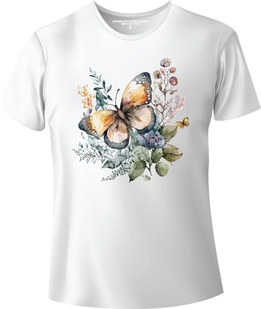 Butterfly Floral Watercolor T-Shirt Design for Men or Women, 100% Cotton, Unisex T-Shirt, D-011