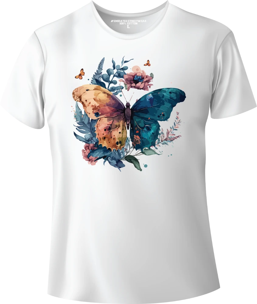 Butterfly Floral Watercolor T-Shirt Design for Men or Women, 100% Cotton, Unisex T-Shirt, D-013