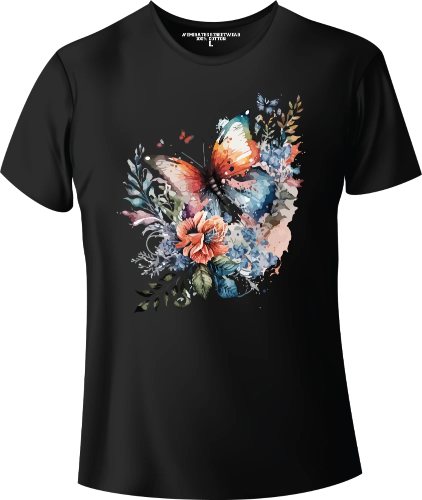 Butterfly Floral Watercolor T-Shirt Design for Men or Women, 100% Cotton, Unisex T-Shirt, D-015