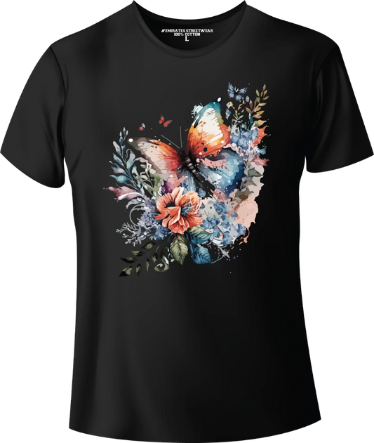 Butterfly Floral Watercolor T-Shirt Design for Men or Women, 100% Cotton, Unisex T-Shirt, D-015