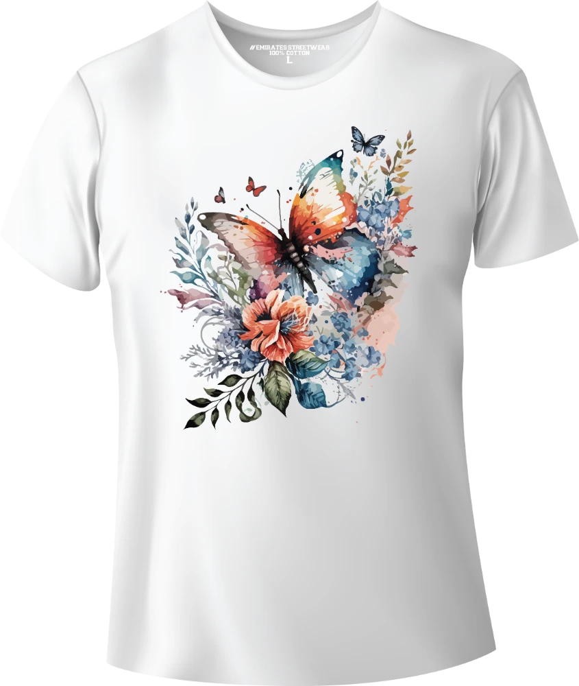 Butterfly Floral Watercolor T-Shirt Design for Men or Women, 100% Cotton, Unisex T-Shirt, D-015