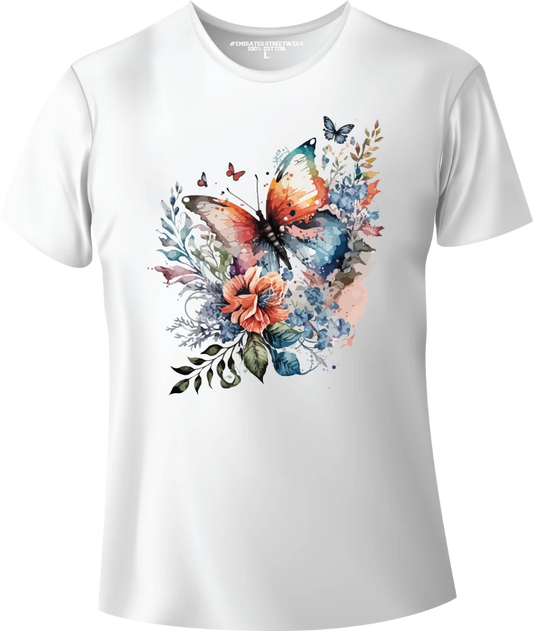 Butterfly Floral Watercolor T-Shirt Design for Men or Women, 100% Cotton, Unisex T-Shirt, D-015