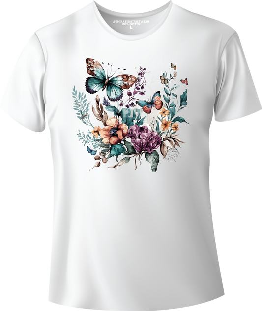 Butterfly Floral Watercolor T-Shirt Design for Men or Women, 100% Cotton, Unisex T-Shirt, D-017