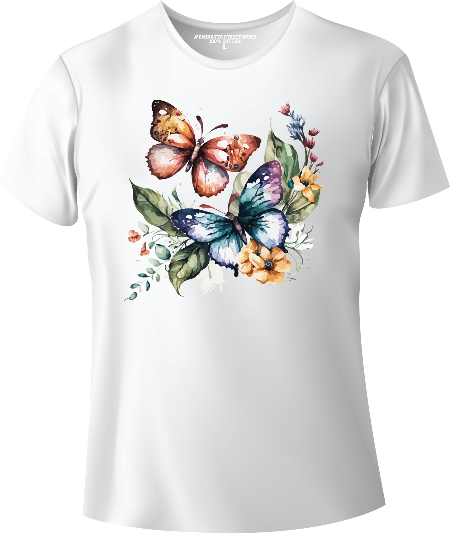 Butterfly Floral Watercolor T-Shirt Design for Men or Women, 100% Cotton, Unisex T-Shirt, D-019