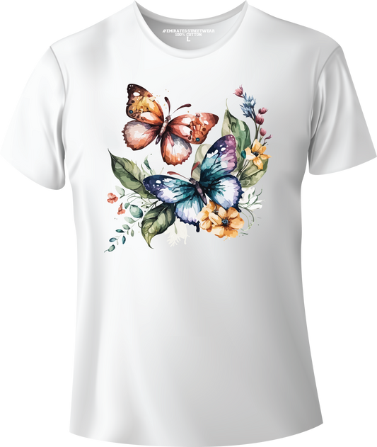 Butterfly Floral Watercolor T-Shirt Design for Men or Women, 100% Cotton, Unisex T-Shirt, D-019