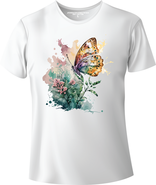 Butterfly Floral Watercolor T-Shirt Design for Men or Women, 100% Cotton, Unisex T-Shirt, D-023