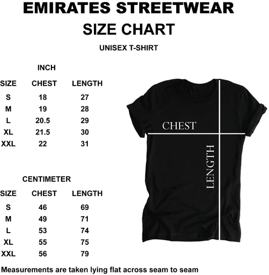 Size chart for Emirates Streetwear unisex t-shirt with measurements in inches and centimeters.